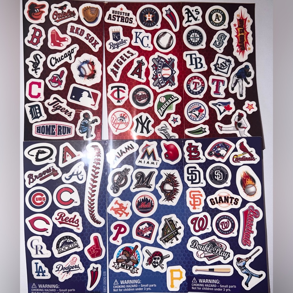 $2 MLB STICKERS. SIX SHEETS. NEW. $2 WITH ANY $10 ORDER OR MORE
